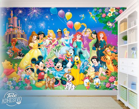 Disney Princess Decal, Disney Wall Murals Bedroom, Disney Playroom Wall Murals, Baby Room Mural Ideas, Disney Acnh, Mural Disney, Disney Playroom, Disney Wall Murals, Disney Mural