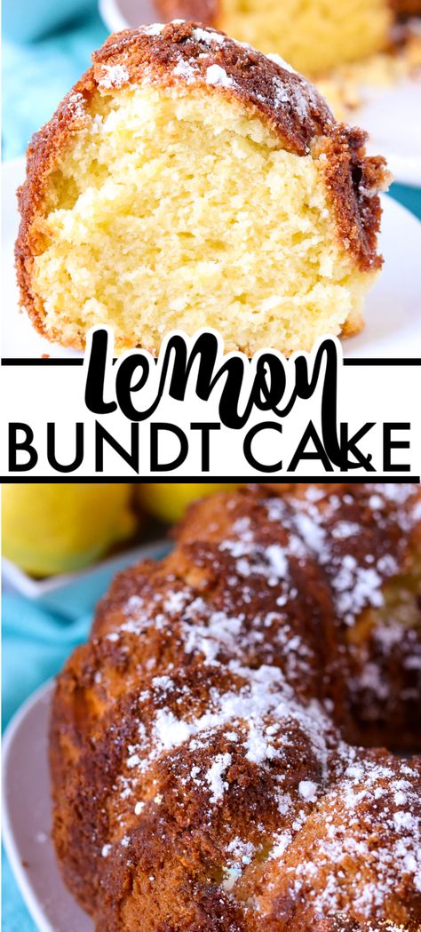 Lemon Bundt Cake has a moist crumb and is full of lemon flavor with fresh lemon juice, lemon zest, and instant lemon pudding. | www.persnicketyplates.com #cake #bundtcake #baking #easyrecipe #lemon Pie, Camping Sweets, Easy Lemon Bundt Cake, Fruit Deserts, Specialty Desserts, Lemon Bundt Cake Recipe, Bakery Sweets, Cake Displays, Easy Bundt Cake