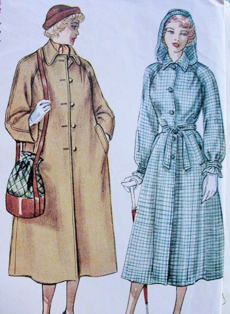 Hood Raglan Coat Pattern, 1940s Capsule Wardrobe, 1950s Raincoat, 1940s Raincoat, Raincoat Sewing Pattern, Trench Coat Sewing Pattern, Raglan Sleeve Coat, Vintage Capsule Wardrobe, Vintage Raincoat