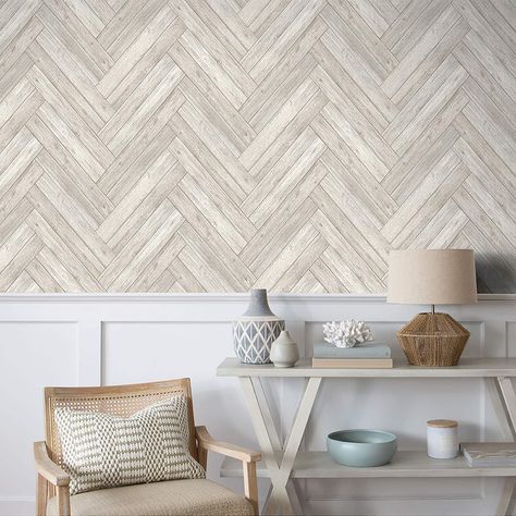 "Buy the Surface Style Herringbone Wood Peel & Stick Wallpaper at Michaels. No saw, nails or hammer required to bring rustic charm of Surface Style Herringbone Wood Birch peel and stick wallpaper into your home. No saw, nails or hammer required to bring rustic charm of Surface Style Herringbone Wood Birch peel and stick wallpaper into your home. Arranged in a beautiful chevron pattern it offers natural texture and style to reflect today's home trends. Herringbone Wood is ideal for adding archite Wallpaper Entry Way Ideas, Herringbone Accent Wall Bedroom, Shiplap And Wainscoting Together, Bedroom Accent Wall Wallpaper, Herringbone Bedroom, Peel And Stick Backsplash Kitchen, Saw Nails, Dolphin House, Small Sitting Room