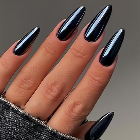 Black Nails With Designs, Black Shimmer Nails, Chrome Designs, Chrome Design, Acrylic Glue, Nagel Tips, Prom Nail, Ongles Nails, Medium Almond