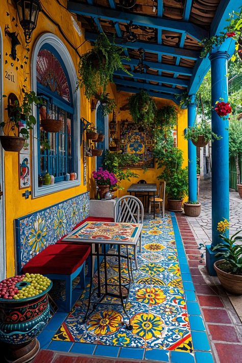 15 Stunning Mexican Patio Ideas for Your Home 3 Mexican Backyard Decor, Mexican Porch Ideas, Mexican Inspired Backyard, Outdoor Mosaic Wall Art, Mexican Tile Patio, Mexican Style Patio, Veranda Tiles, Mexican Patio Decor, Patio Mexicano