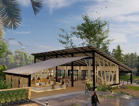 Outdoor Restaurant Design Garden, Foodcourt Design Outdoor, Riverside Cafe, Open Air Market, Outdoor Restaurant Patio, Cafeteria Design, Homes Architecture, Cafe Exterior, Farm Restaurant