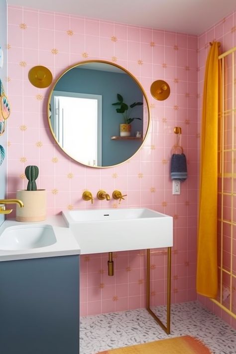 AI generated bathroom interior ideas, let's explore all those colors! Pastel, Bathroom Ideas Plants, Maximalist Decor Bathroom, White Bathroom Colors, Bathroom Interior Ideas, Maximalist Bathroom, Vibrant Bathroom, Estilo Kitsch, Pastel Bathroom