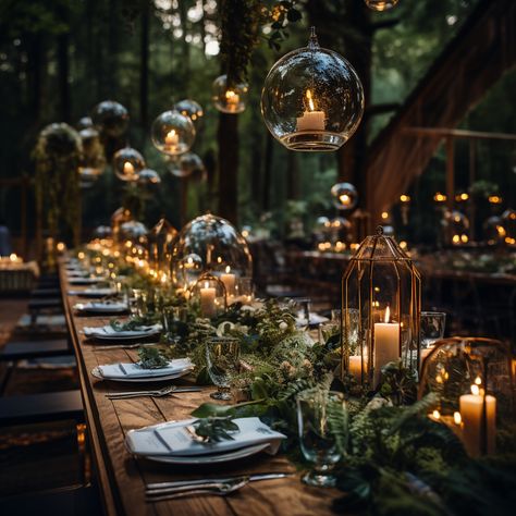 Creating a Magical Forest Wedding and Reception with MidJourney: Part 2 Fairy Forest Wedding Table Decor, Candlelit Fall Wedding, Wedding Inspiration Forest, Enchanted Winter Forest Theme, Candlelight Backyard Wedding, Enchanted Forest Theme Wedding Dress, Fairy Light Wedding Table Decor, Elegant Forest Wedding Decor, Fairy Garden Reception