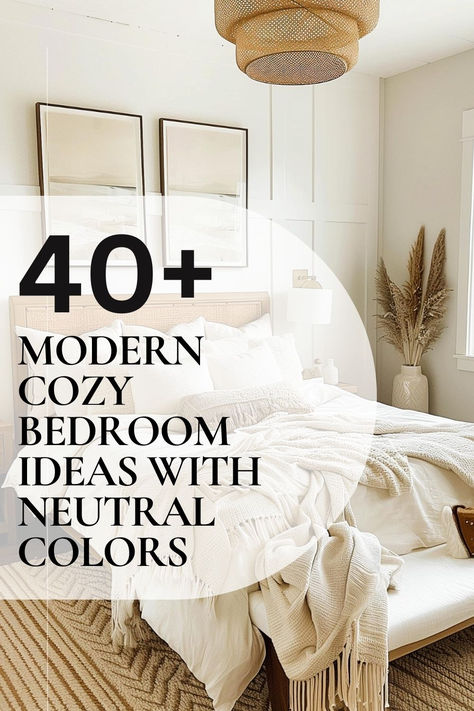 Bright and airy bedroom with neutral colors and modern cozy decor. Single Bedroom Ideas Woman, Condo Decorating Bedroom, Small Bedroom Ideas Neutral Colors, Neutral Bedroom Paint Ideas, On Trend Bedroom Ideas, Bedroom Paint Ideas Master Color, Guest Bedroom Paint Ideas Wall Colours, Modern And Cozy Bedroom, Neutral Pallet Bedroom