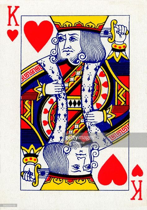 Artist Unknown, King of Hearts from a deck of Goodall & Son Ltd. playing cards, circa 1940. [Goodall & Son Ltd., London, circa 1940] Cards Alice In Wonderland, King Of Hearts Card, Trad Tattoo, Joker Playing Card, King Card, Hearts Playing Cards, Image King, Vegas Theme, Playing Cards Art