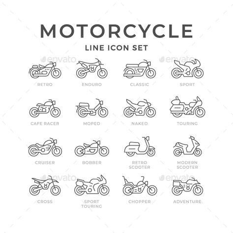 Set Line Icons of Motorcycle. Fully customisable set of icons. #icon #design #art #digitalArt #adventure #bike #bobber #cafe #chopper #cruiser #cycle #drive #enduro #engine #line #moped #motocross #motor #motorbike #motorcycle #outline #racer #scooter #set #sign #speed #sport #symbol #transport #transportation #vehicle #wheel Motorcycle Matching Tattoos, Moter Bike Drawing, Bike Related Tattoos, Minimalist Harley Davidson Tattoo, Motorcycle Simple Drawing, Motorcycle Minimalist Tattoo, Dainty Motorcycle Tattoo, Motorcycle Doodle Simple, Motorcycle Line Tattoo