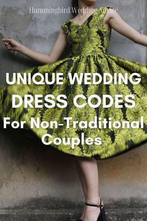 Unique Wedding Dress Codes For Non-Traditional Couples - Hummingbird Wedding Advice -  #Advice #Codes #couples #Dress #Hummingbird #NonTraditional #Unique #Wedding No Traditional Wedding Dress, Wedding Dress Code Ideas, Unusual Wedding Dress Unique, Dress Code Theme, Party Dress Code Ideas, Unusual Wedding Dress, Wedding Dress Codes, Party Dress Code, Hummingbird Wedding