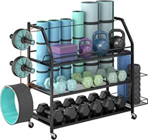 Amazon.com : Staransun Home Gym Storage Rack - Weight Rack for Dumbbells - Yoga Mat Storage Rack with Two Extra Side Storage Space - Garage Storage with Caster Wheels - Workout Equipment Organizer - Easy to Assemble : Sports & Outdoors Organisation, Gym Rack, Home Gym Organization, Home Gym Storage, Gym Storage, Sports Storage, Yoga Mat Storage, Weight Rack, Organization Cart