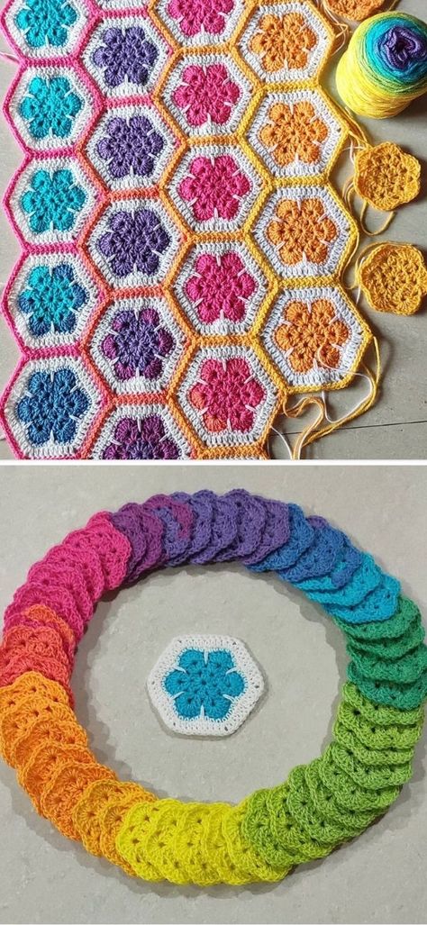 Amigurumi Patterns, Rainbow Hexagon Crochet Blanket, Circle Crochet Projects, Granny Hexagon Crochet Blanket, Hexagon Crochet Squares, Hexagonal Crochet Pattern, Crochet Hexagon Granny Square Pattern, Free Crochet Hexagon Pattern, Hexagonal Crochet Blanket