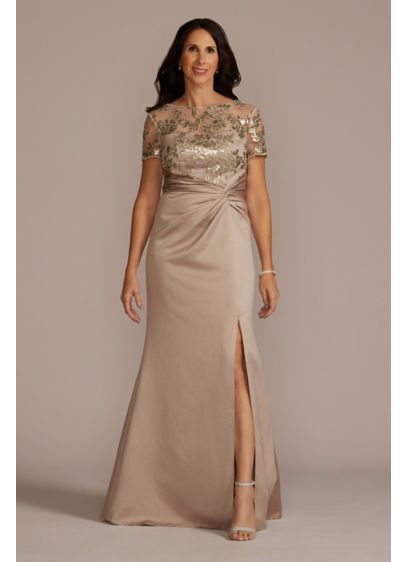 Satin Sheath Gown with Lace Illusion Neck D40NY2131 Champagne Mother Of The Bride Dress, Grooms Mom Dress, Brides Mom Dress, Summer Mother Of The Bride Dresses, Dress For The Wedding, Mother Of The Groom Gowns, Mothers Gowns, Mom Wedding Dress, Mother Of The Bride Dresses Long