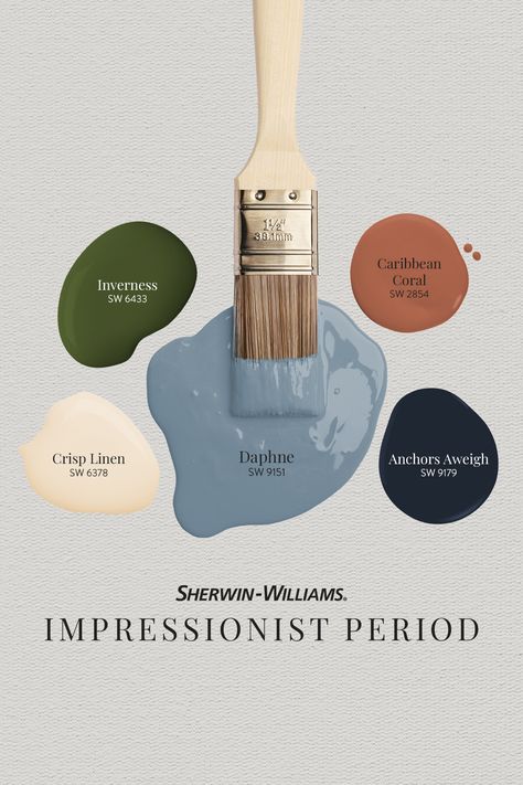 Celebrate the dappled light and distinctive colors of Impressionist-era artists with help from this Sherwin-Williams paint palette. Tap this pin to order free color chip samples, then stop by your neighborhood store to get your project started.  #SherwinWilliams #DIY #InteriorDesign #Color #Inspiration #Paint #HomeImprovement #ColorPalette #PaintColorPalette #ArtistPalette Freedom Found Paint Color, Modern Vintage Paint Colors, Paint Colours 2024, Open Floor Plan Paint Colors, Havenly Office, Website Palette, Artsy House, Van Aesthetic, Flex Room Ideas