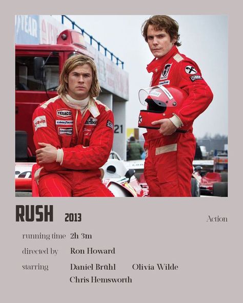 Chris Hemsworth Movies, Minimalistic Polaroid Poster, Rush 2013, Rush Movie, Rush Poster, Alexandra Maria Lara, The Merciless, Niki Lauda, James Hunt