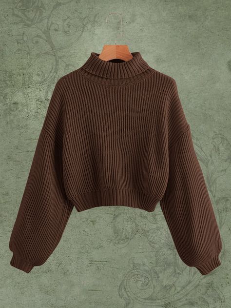 Coffee Brown Casual Collar Long Sleeve Fabric Plain Pullovers Embellished Medium Stretch  Women Clothing Brown Jumper, Shein Sweater, Pullover Outfit, Sweater Trends, Sweater Collection, Drop Shoulder Sweaters, Women Sweaters, Bishop Sleeve, Women Sweater