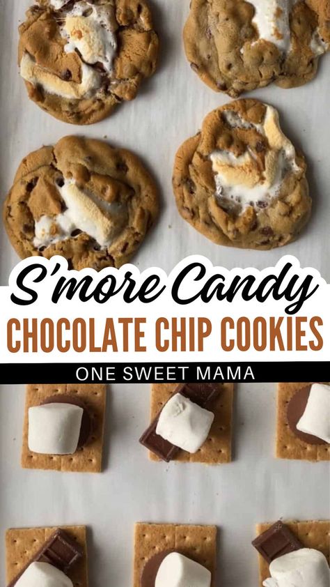 Is there any better summer dessert recipe than s'mores cookies?! This incredible summer cookie recipe gives traditional campfire smores a run for their money! This s'mores candy cookie recipe will be your new go-to once you try it!! I love to make these cookies for a party or summer BBQ dessert, because there's not a soul that doesn't love these. Try these s'more chocolate chip cookies today! #cookies #smores S'mores Chocolate Chip Cookie, Smores Dessert Cookie, Chocolate Chip Cookie Smores Crockpot, S’mores Chocolate Cookie, Cookie Smores Recipe, Chocolate Chip Cookies Smores, Homemade Smores Cookies, S'mores Chocolate Chip Cookies, Smore Cookies Easy