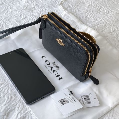 Item: Wallet (Phones Are Not Included Used For Size Reference) Brand: Coach / Double Zip Condition: New With Tags Priced: $108.00 Color: Black - Gold Size: 6 1/2" (L) X 3 3/4" (H) X 1 3/4" (W) Details: Refined Pebble Leather Two Credit Card Slots Double Zip Closure, Fabric Lining Wrist Strap Attached Style No. 6649 I Hope You Love It Too... Coach Double Zip Wristlet, Pink Wristlet, Black Leather Clutch, Black Wristlet, Large Wallet, Clutch Pouch, Wallet Pouch, Coach Wallet, Black Wallet