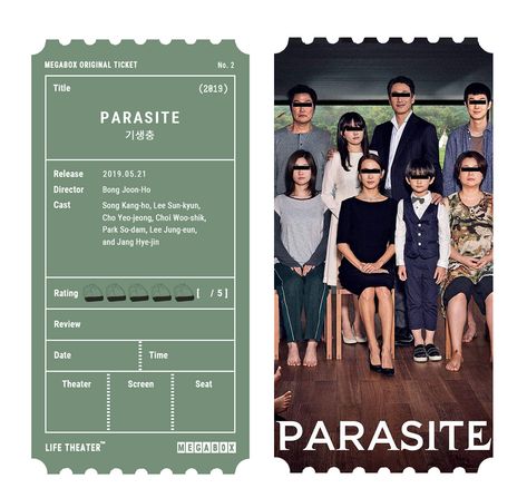 Cinema Ticket Design, Movie Ticket Design, Parasite Movie, Cho Yeo-jeong, Lee Sun Kyun, Park So Dam, Cinema Design, Choi Woo-shik, Song Kang Ho