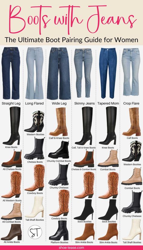 Visual infographic with text reading "boots with jeans the ultimate boot pairing guide for women" with images of different jeans styles and shoes that best suit them underneath in a row. How To Pair Shoes With Jeans, Winter Boots And Jeans Outfit, Boot Looks For Women, Jeans Over Boots Outfit, Jean And Boot Outfits, Which Shoes To Wear With Jeans, Boot Styles Guide Women, Women’s Shoes With Jeans, What Boots With What Jeans