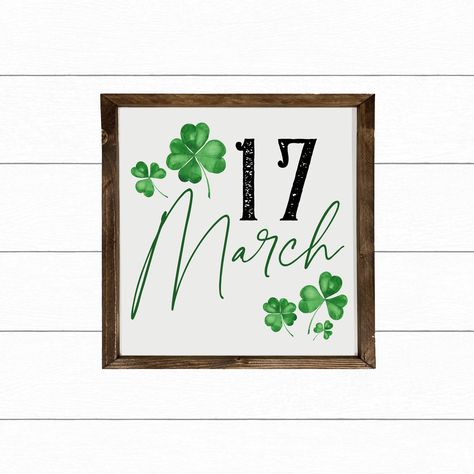 St Patricks Day Sign | 17 March • Choose Your Size • Handcrafted with a solid wood frame • Professionally printed design with permanent UV ink • Water resistant & permanent • Hanging hardware attached on the back • We ship worldwide! Copyright © Mulberry Market Designs Inc. 2022 St Patricks Day Sign, Irish Wall Decor, St Patricks Day Decor, Home Wooden Signs, Ink Water, Playroom Signs, Personal Calendar, Irish Decor, Signs For Home