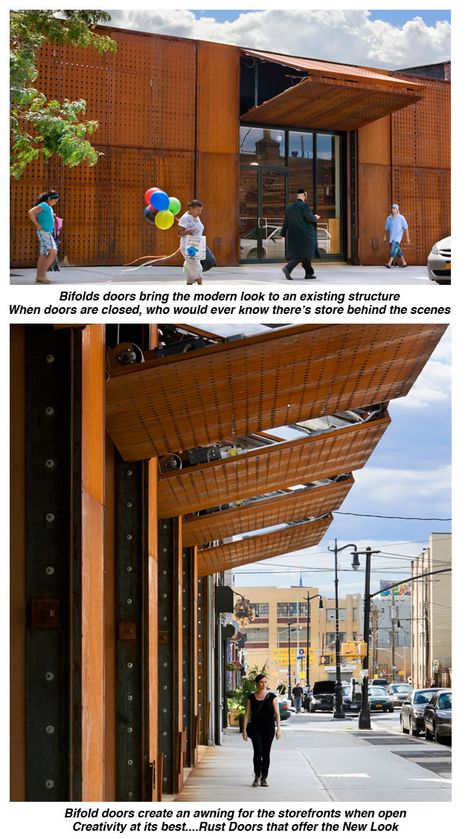 perforated metal rusted metal storefront... hydraulic bi-folding doors open to create awning Storefront Doors, Architecture Restaurant, Overhead Door, Rusted Metal, Perforated Metal, Hus Inspiration, Photo Of The Day, Folding Doors, Metal Door