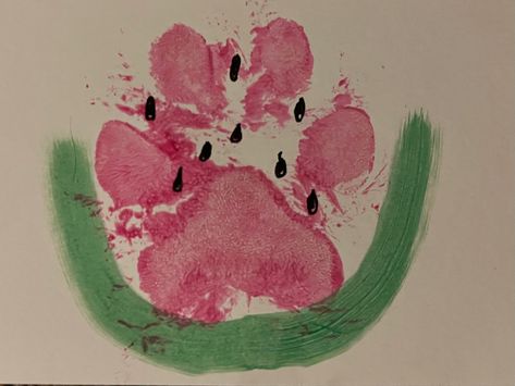 August dog paw print postcard. Made this watermelon with pink and green crayola finger paint Crafts With Dogs, Dog Paw Painting Ideas, Dog Paw Painting, Dog Craft Ideas, Paw Print Art Diy, Paw Print Painting, Dog Paw Print Craft, Dog Paw Art, Dog Paw Print Art