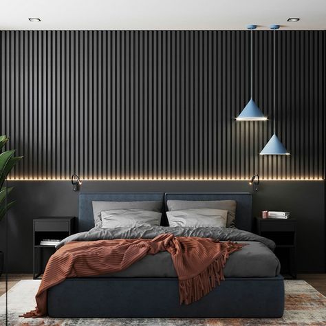 Luxury Black Bedroom, Pvc Wall Panels Designs, Modern Black Bedroom, Fluted Panels, Wall Panels Bedroom, Black Bedroom Design, White Apartment, Bedroom Interior Design Luxury, Modern Luxury Bedroom