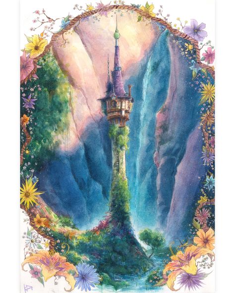 Original 'Tangled' Painting by Kai Denton, @StudioDelusion on Socials - 2020- {Watercolor on Paper} Original Design and Inspiration by Disney #Disney #Tangled #Disneyart #Tangledart #Art #Artwork #Watercolor #Watercolorart #illustration #illustrator #Kaidenton #Studiodelusion Disney Artwork Illustration, Tangled Castle Painting, Rapunzel Watercolor Art, Tangled Drawing Ideas, Tangled Watercolor Painting, Tangled Inspired Painting, Disney Watercolor Paintings, Tangle Painting, Disney Castle Painting