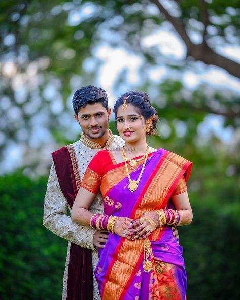 So, if you are having an intimate Maharashtrian wedding just like this couple, then we suggest you bookmark these latest Marathi couple portraits that are fresh, cute and adorable to get clicked for your wedding album. #shaadisaga #indianwedding #couplephotoshoot #couplephotography #couplephotoshootposes #couplephotoshootromantic #couplephotoshootideas #couplephotoshootoutfits #couplephotoshootwinter #couplephotoshootoutdoor #couplephotoshootcreative #couplephotoshootfun #couplephotographyideas Marriage Couple Stills, Vaidik Couple Pose, Marathi Wedding Couple Poses, Marathi Couple Photo, Vaidik Marriage, Marathi Couple Photoshoot, Wedding Stills Couples, Maharashtrian Wedding Couple Poses, Marathi Wedding Couple Poses Photography