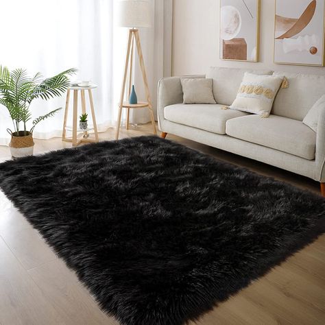 Black Faux Fur Rug, Luxury Room Decor, Black And White Carpet, Solid Color Area Rugs, Fuzzy Rug, Large Living Room Rugs, Faux Sheepskin Rug, Minimalist Rugs, Faux Fur Rug