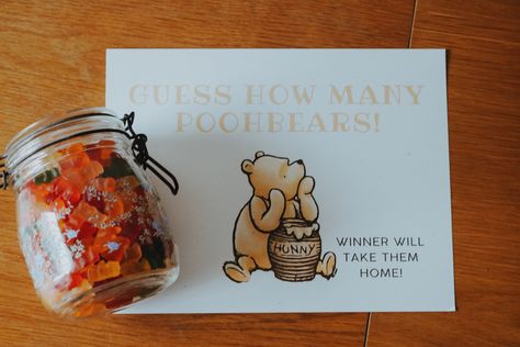 Guess How Many Bears Are In The Jar, How Many Gummy Bears In The Jar, Guess How Many Gummy Bears In A Jar, Guess How Many In A Jar, Guessing Jar, Jar Games, Honey Bee Baby Shower, Bears Game, Winnie The Pooh Themes
