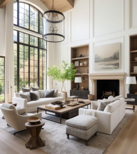 Tall Ceiling Living Room, Large Living Room Layout, Formal Living Room Designs, Vaulted Ceiling Living Room, High Ceiling Living Room, Classic Living Room, Living Room Ceiling, Transitional Living Rooms, Living Room Windows