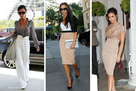 Victoria Beckham has style for miles—even if her height isn’t up in Charlize Theron territory. Silk blouses, high waist pants & pencil skirts, + pumps with everything make Posh Spice’s look always dead-on for everyday business dress-up, and for her dressy take on casual. 5’2” looks good! Triangle Figure Outfits, Inverted Triangle Celebrities, Triangle Body Shape Celebrities, Petite Inverted Triangle, Body Shape Outfits, Inverted Triangle Body Shape Fashion, Inverted Triangle Body Shape Outfits, Triangle Body Shape Fashion, Triangle Skirt