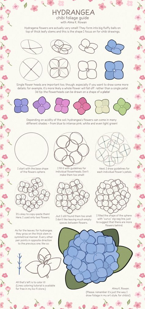 Trin For Trin Tegning, Hydrangeas Art, Easy Flower Drawings, Watercolor Hydrangea, Hydrangea Painting, Flower Drawing Tutorials, Concept Art Tutorial, Digital Art Beginner, Floral Drawing