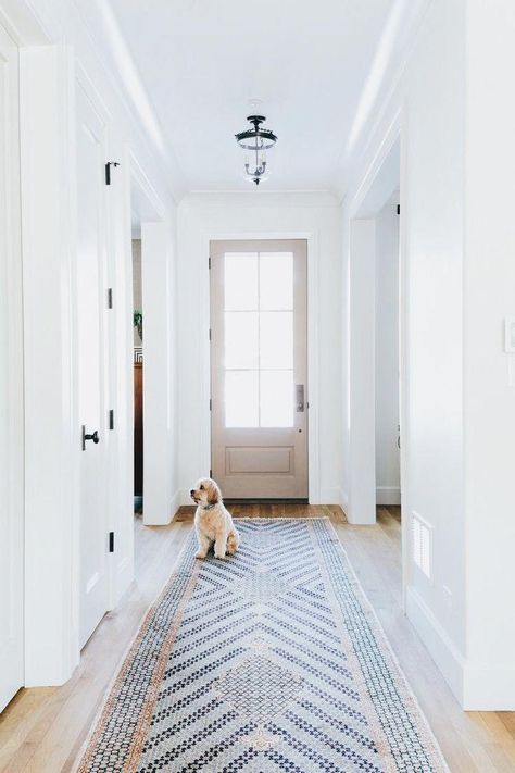 Cheap Carpet Runners By The Foot Key: 3000541947 #RunnerRugs Hallway Runner Rug Entryway, Long Foyer, Black And White Stairs, Apartment Entrance, Rustic Stairs, Kate Marker Interiors, White Stairs, Entryway Runner, Runner Rug Entryway