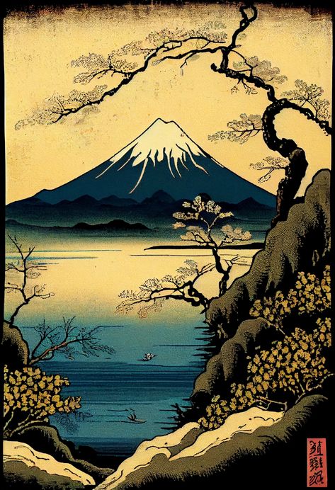 Japanese Art Mountains, Mount Fuji Art, Mount Fuji Drawing, Vintage Pop Art Wallpaper, Fuji Mountain Illustration, Japan Art Aesthetic, Fuji Mountain Painting, Japanese Mountain Art, Mount Fuji Wallpaper