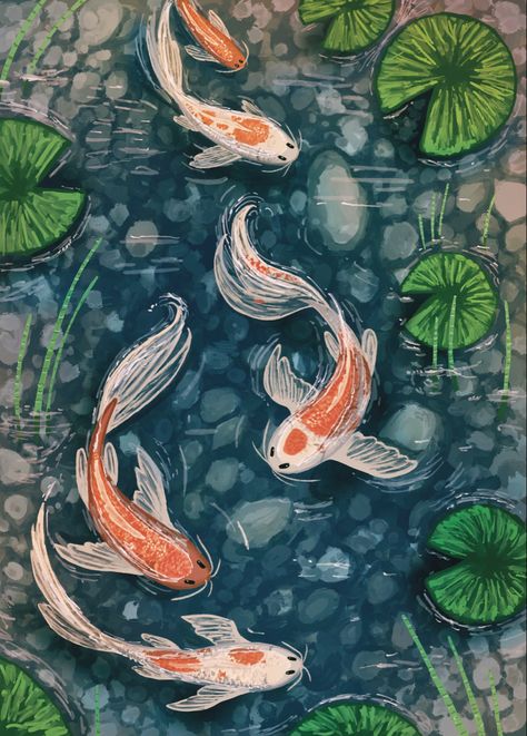 Croquis, Koi Pond Painting, Pond Drawing, Dandelion Drawing, Koi Fish Painting, Koi Painting, Koi Fish Drawing, Pond Painting, Painting Digital Art