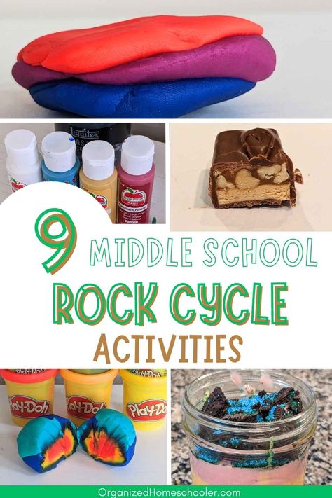 9 middle school rock cycle activities written in between playdough rocks, rock painting, Snickers rock, playdough Earth, and Earth pudding Earth Exploration Activities, Hands On Rock Activities, Earth Science Experiments Middle School, Making A Cell Science Projects, Rock Cycle Model Project, Rock Layers Activity, Geology Experiments For Kids, Metamorphic Rocks Activity, Geology Bulletin Board