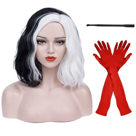 Cruella Deville Costume Women, Black And White Wigs, Cruella Deville Wig, Wavy Bob Hair, Curly Wavy Bob, White Wigs, Cruella Deville Costume, Black And White Wig, Classy Halloween Costumes