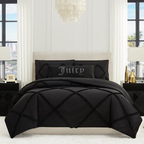 Make a statement with the Juicy Couture Diamond Ruffle reversible comforter set. Stylish ruffle detailing in a diamond pattern with a bold design. The reverse side features a sumptuously soft plush microfiber. Available in Twin, Queen, and King sizes. Couture, Ruffle Comforter, Black Comforter, Reversible Bedding, Sham Bedding, Reversible Comforter, Queen Comforter Sets, Queen Comforter, King Comforter