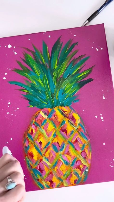 Andrea Nelson on Instagram: “This is really simple, and the less you think about trying to be precise, the better it will look and the more fun you’ll have!…” Colorful Fruit Painting, Pineapple Canvas Painting, Easy Pineapple Painting, Pineapple Art And Craft, Pineapple Painting Easy, Pineapple Art For Kids, Pineapple Rock Painting, Pineapple Painting Acrylics, Pinapple Art