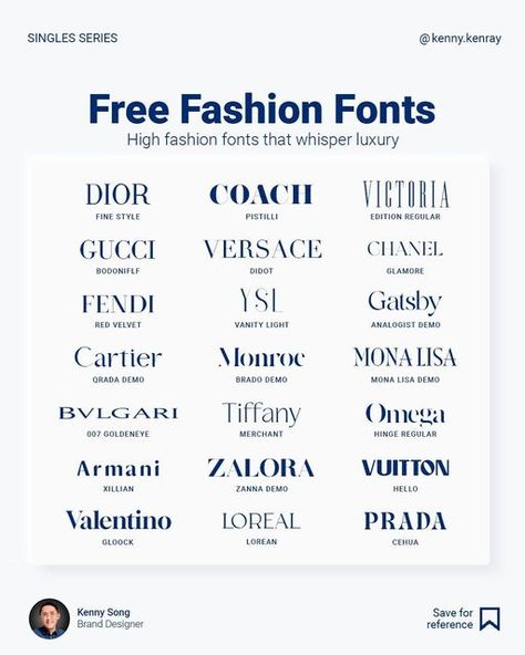 Fashion Brand Typography, Vogue Font Canva, Classy Fonts Canva, Fonts For Luxury Brands, Fonts Names Design, List Of Luxury Brands, Clothing Font Design, Fashion Designer Name Ideas, Fonts Clothing Brand