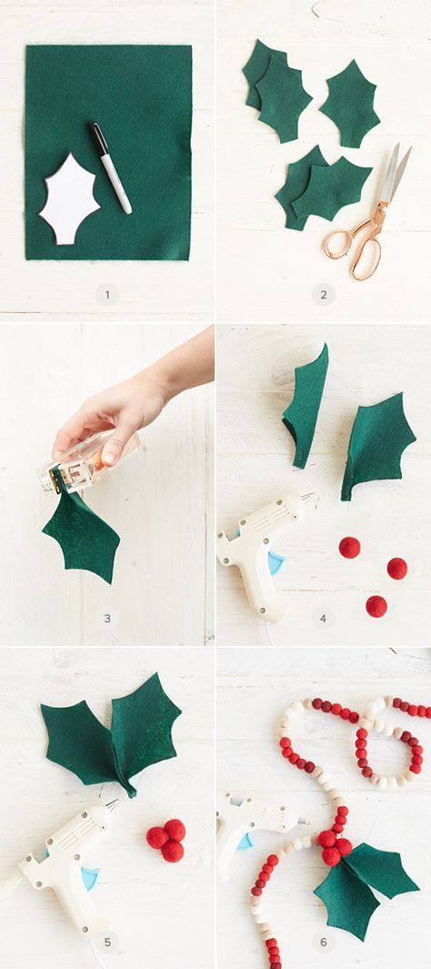 Natal, Felt Mistletoe Diy Pattern, Diy Felt Mistletoe, Felt Paper Christmas Decor, Christmas Garland Diy Felt, Felt Holly Ornament, Holly Garland Diy, Mistletoe Diy Christmas, Felt Garland Diy Christmas