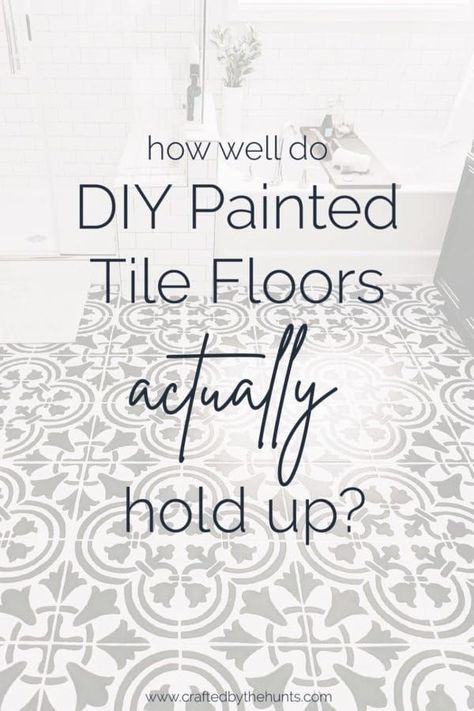 Thinking about painting your tile floors? Read this before you start! Our honest review of how they are holding up after a year. Are they durable? Any scratches? What is the best paint to use for durable DIY painted floors? We'll answer all your questions! #paintedfloors #paintedtile #review #homeimprovement #designonabudget Painted Tile Floors, Porch And Patio Paint, Painted Bathroom Floors, Diy Painted Floors, Stencil Tile, Tile Diy, Paint Tile, Painted Bathroom, Painting Tile Floors