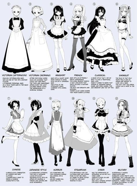 12 Types of Maid Outfits | Maid Outfits / Meido | Know Your Meme Corak Krusye, Lukisan Fesyen, Anime Maid, Idee Cosplay, Gambar Figur, Drawing Anime Clothes, Maid Outfit, Dress Drawing, Poses References