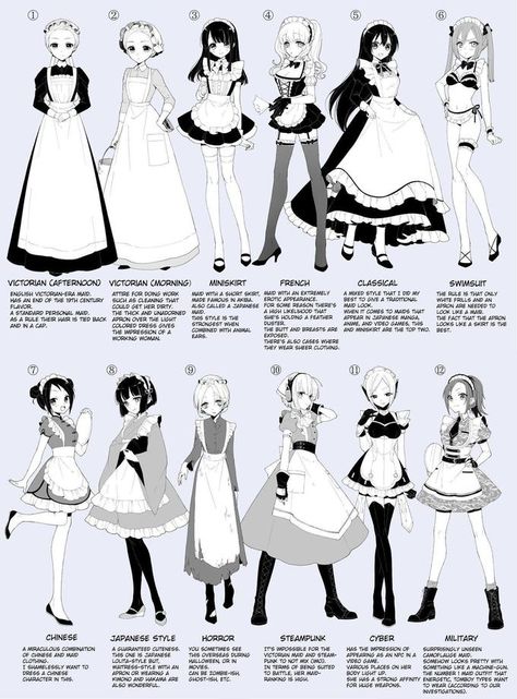 12 Types of Maid Outfits | Maid Outfits / Meido | Know Your Meme Anime Maid, Clothing Design Sketches, Idee Cosplay, Gambar Figur, Drawing Anime Clothes, Maid Outfit, Dress Drawing, Poses References, Fete Anime