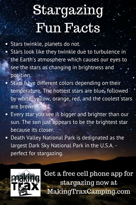 Stargazing fun facts for camping with info for free cell phone stargazing app. Cosmos Facts, Facts About Stars, Stars Facts, Random Science Facts, Facts About The Moon, Planet Facts, Astronomy Apps, Outer Space Facts, Facts About Space