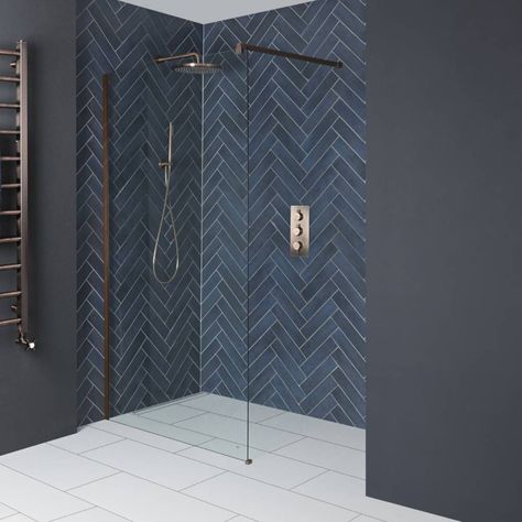 Navy Herringbone - Showerwall Acrylic - The Bathroom and Tile Centre Darlington Navy And Copper Bathroom, Master Ensuite Bathroom, Navy Bathroom, Wet Room Screens, Walk In Shower Enclosures, Shower Drains, Wet Room, Bathroom Shop, Herringbone Tile