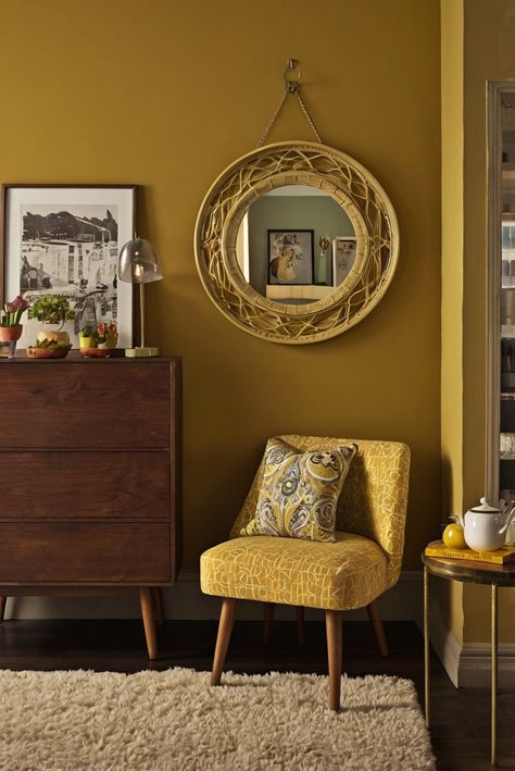 Discover the ultimate guide to retro revival with a trendy mustard yellow accent. Transform your space with style! #ad     #Colortrend #wallpaint2024  #color2024  #DIYpainting  ##DIYhomedecor  #Fixhome Mustard Home Office, Mustard Yellow Living Room Walls, Mustard Wall Paint, Mustard Walls Living Room, Ochre Paint Color, Yellow Living Room Walls, Mustard Dining Room, Mustard Yellow Paint, Alder Wood Kitchen Cabinets