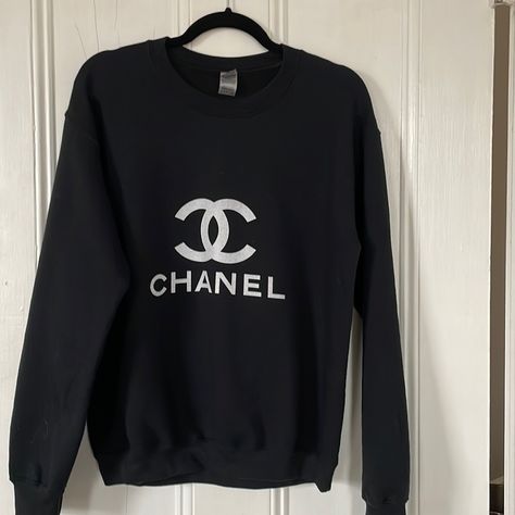 Designer Crew-Neck Sweatshirt In Small. Black With White Lettering. From A Esty Shop. Never Worn. Chanel Sweatshirt, Chanel Iphone Case, Chanel Outfit, Designer Sweatshirts, Shirt Ideas, News Design, Iphone Case, Crew Neck Sweatshirt, Tee Shirts